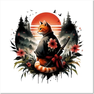 Sumie Floral Ginger Cat Samurai Warrior In Forest Posters and Art